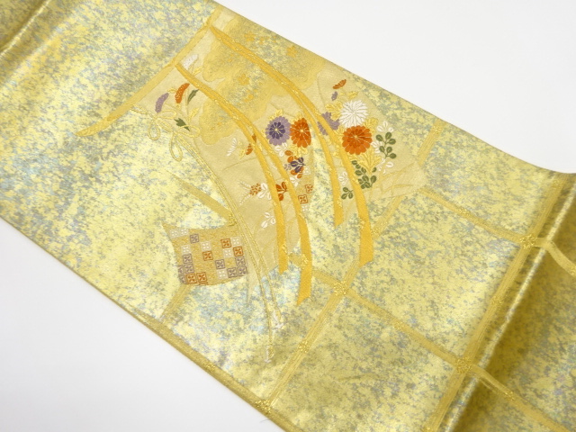 引箔　几帳に菊・秋草模様織り出し　袋帯